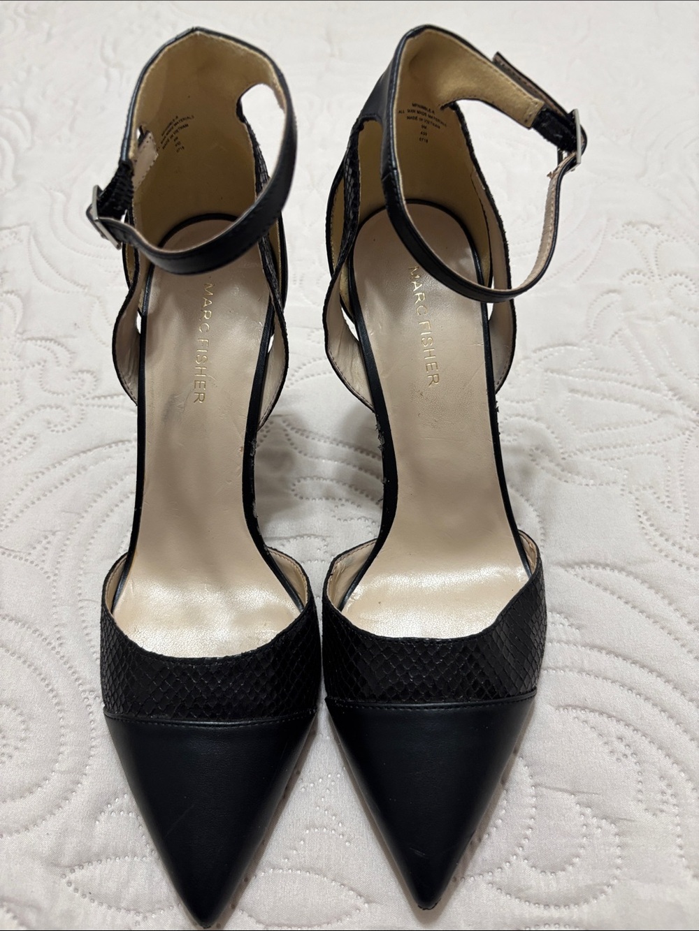 Marc Fisher Black Pointed-Toe Ankle-Strap Pumps with Textured Upper